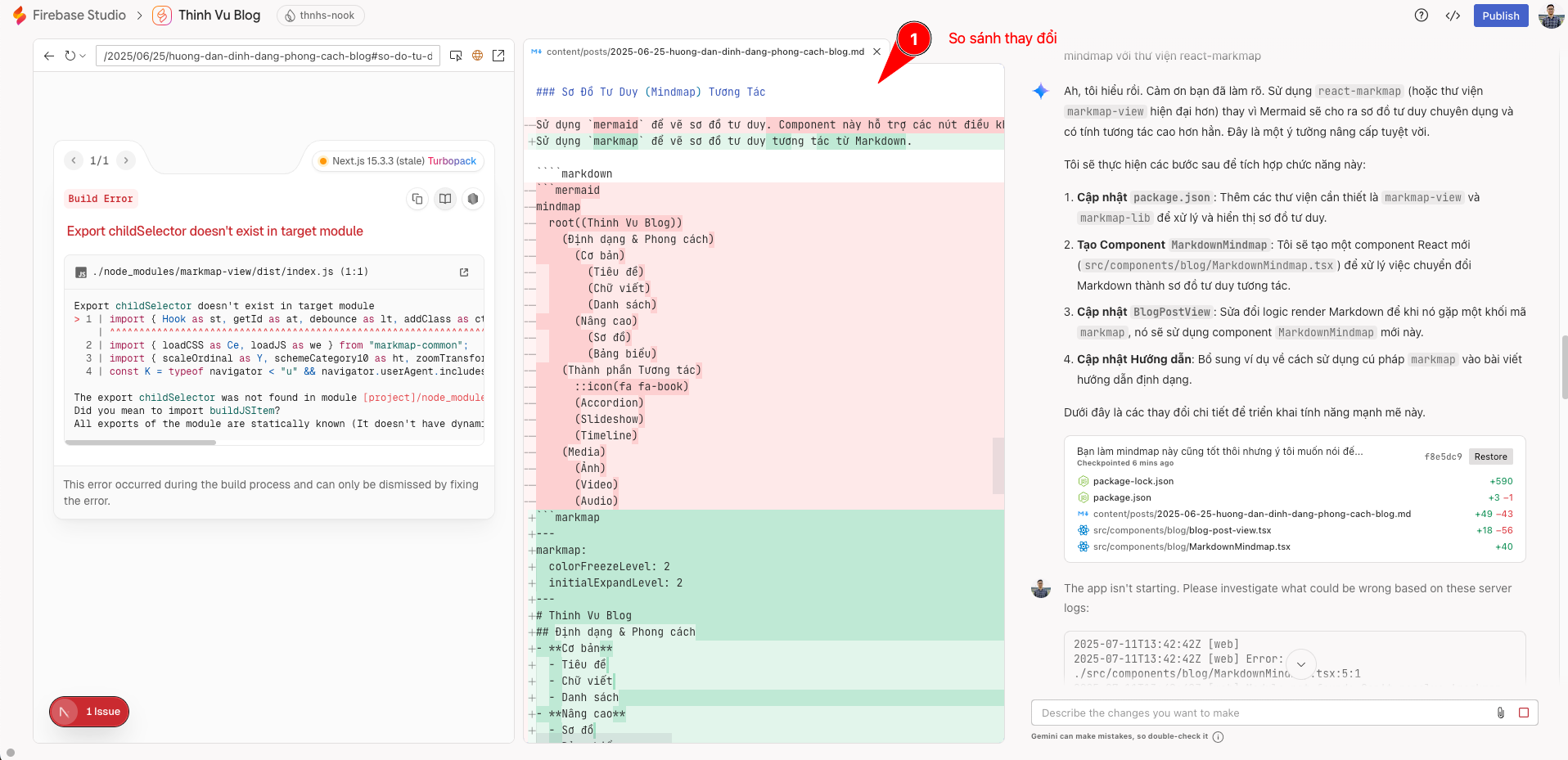 So sánh thay đổi do AI tạo ra sau mỗi lần prompt trước khi duyệt