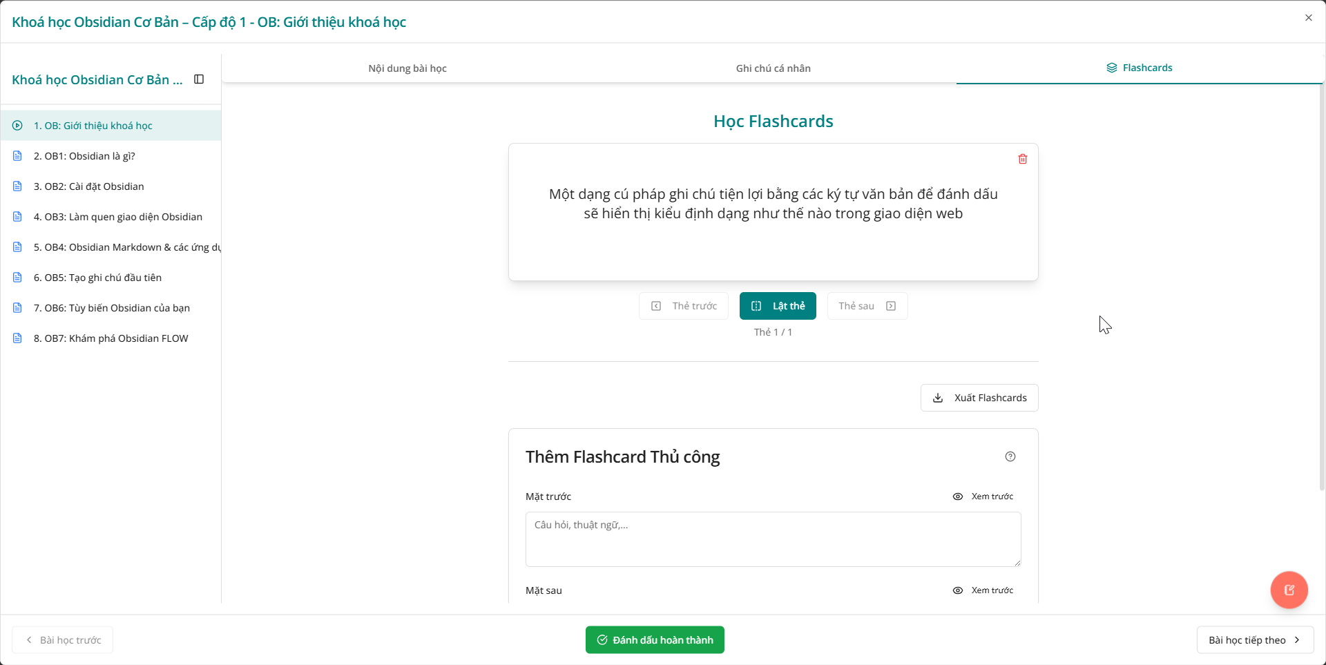 Giao diện tạo flashcard trong bài học