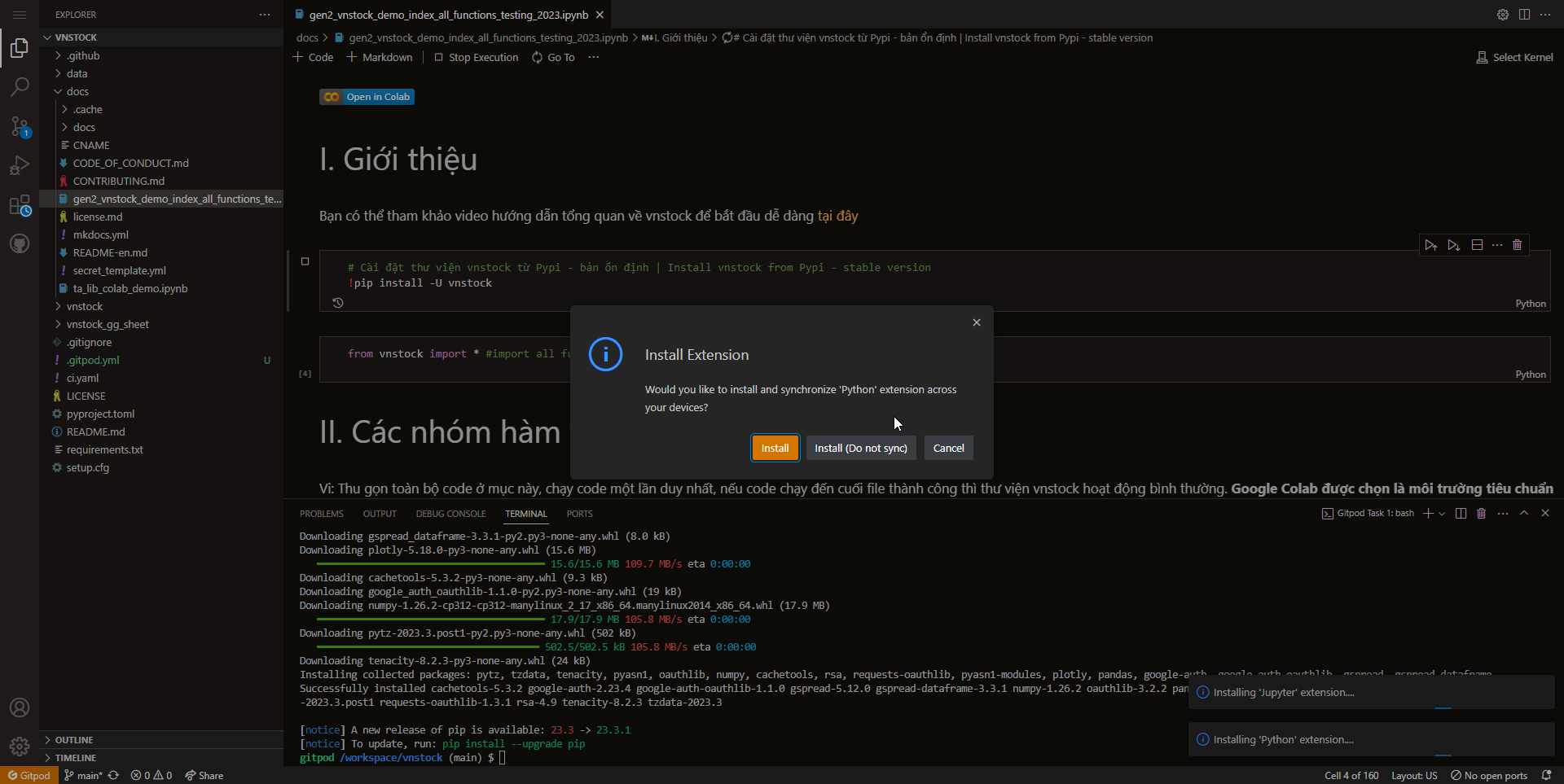 Cài đặt extension Python trên Visual Studio Gitpod
