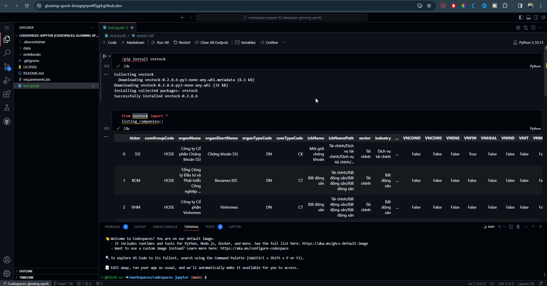 Chạy chương trình Python trên Github Codespace