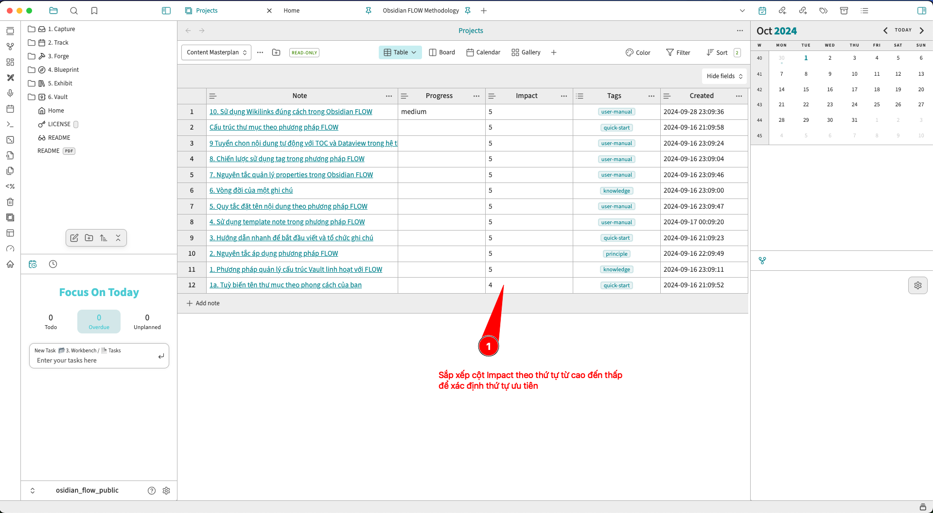 Giao diện Project Plugin trong Obsidian, Bạn có thể xem tổng thể các ghi chú theo thuộc tính để ra quyết định và sắp xếp thứ tự ưu tiên khi xử lý ghi chú đã thu thập.