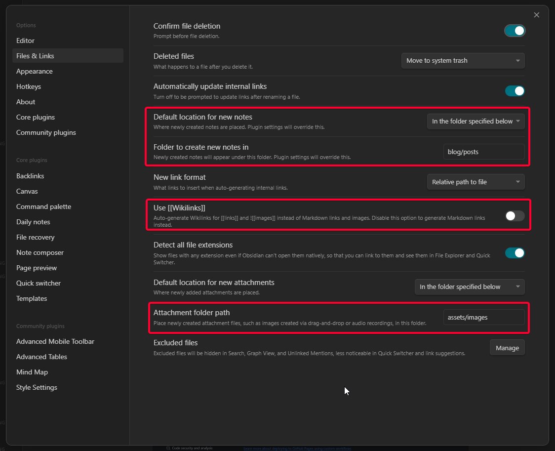 Thiết lập File & Link trong Obsidian