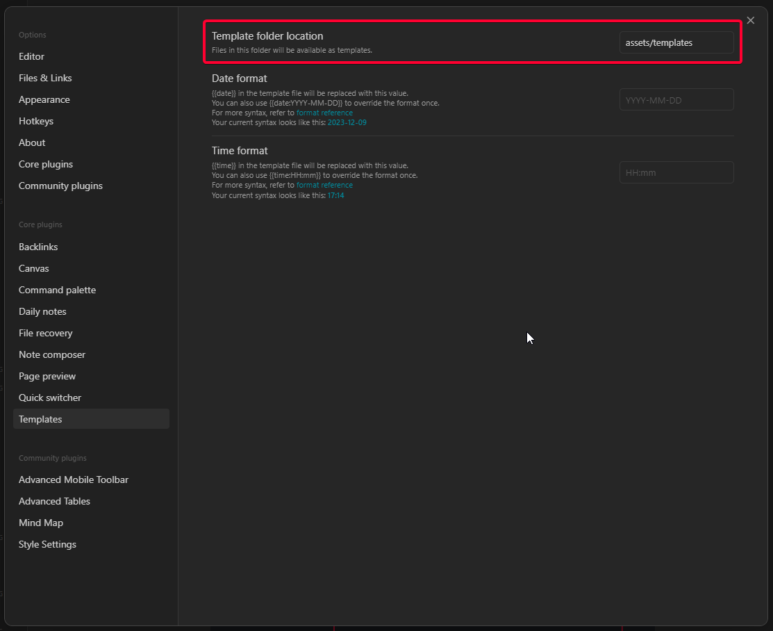 Thiết lập mẫu template trong Obsidian